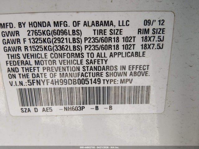 44902785 :رقم المزاد ، 5FNYF4H99DB005149 vin ، 2013 Honda Pilot Touring مزاد بيع