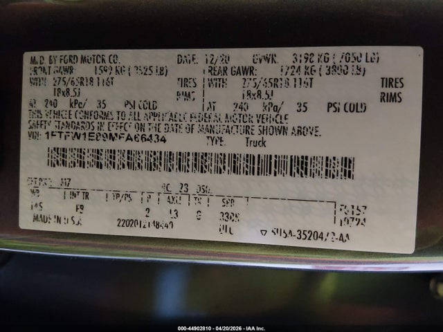 Продаж на аукціоні авто 2021 Ford F-150 Xlt, vin: 1FTFW1E89MFA66434, номер лоту: 44902810