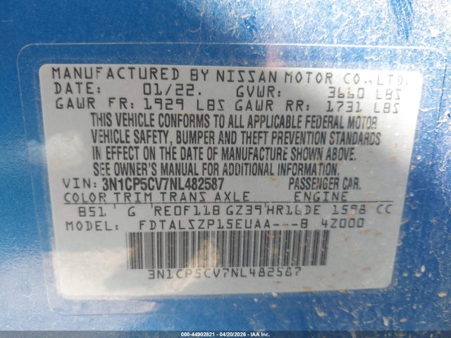 3N1CP5CV7NL482587 Nissan Kicks Sv Xtronic Cvt
