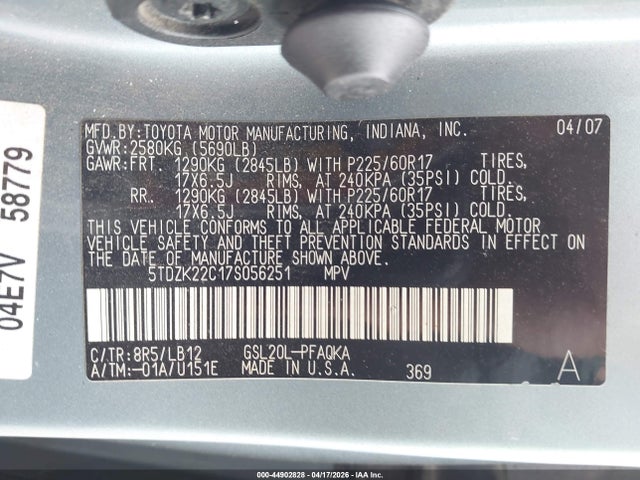 44902828 :رقم المزاد ، 5TDZK22C17S056251 vin ، 2007 Toyota Sienna Xle مزاد بيع