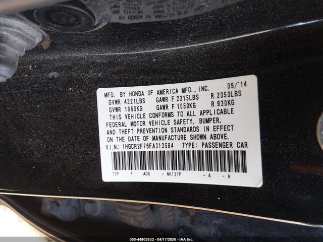 Honda ACCORD EX 2015 1HGCR2F76FA013584 Image 9