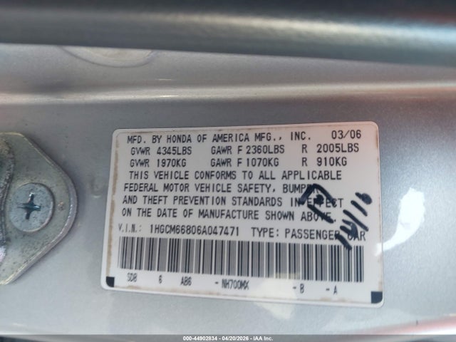 2006 Honda Accord 3.0 Ex მანქანა იყიდება აუქციონზე, vin: 1HGCM66806A047471, აუქციონის ნომერი: 44902834