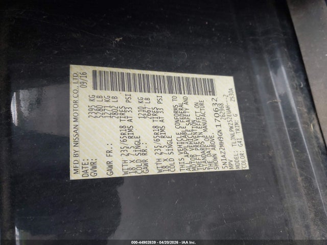 2016 Nissan Murano S მანქანა იყიდება აუქციონზე, vin: 5N1AZ2MH9GN170632, აუქციონის ნომერი: 44902839