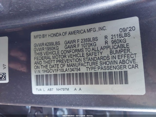 Aukcja sprzedaży 2020 Honda Accord Lx, vin: 1HGCV1F10LA134754, numer aukcji: 44902843