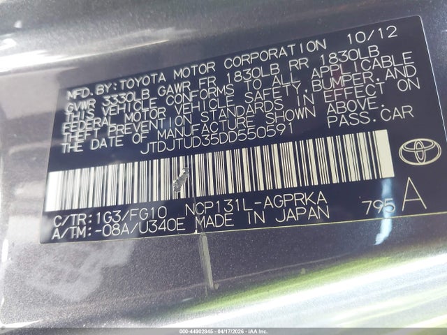 Aukcja sprzedaży 2013 Toyota Yaris L, vin: JTDJTUD35DD550591, numer aukcji: 44902845