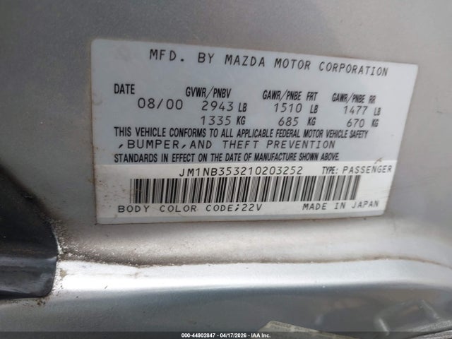 44902847 :رقم المزاد ، JM1NB353210203252 vin ، 2001 Mazda Mx-5 Miata Ls/special Edition مزاد بيع