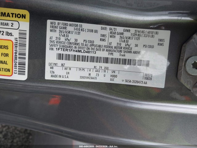 Aukcja sprzedaży 2021 Ford Ranger Xlt, vin: 1FTER1FH4MLD48113, numer aukcji: 44902859