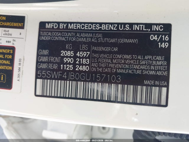 Aukcja sprzedaży 2016 Mercedes-benz C 300, vin: 55SWF4JB0GU157103, numer aukcji: 44902860