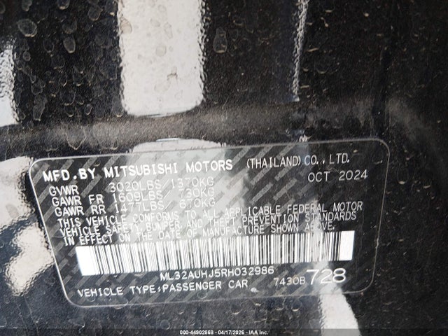 Aukcja sprzedaży 2024 Mitsubishi Mirage Es/le, vin: ML32AUHJ5RH032986, numer aukcji: 44902868