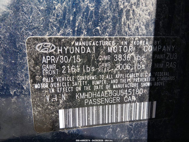 44902874 :رقم المزاد ، KMHDH4AE8GU545180 vin ، 2016 Hyundai Elantra Se مزاد بيع
