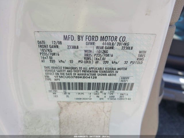 2009 Ford Escape Xlt მანქანა იყიდება აუქციონზე, vin: 1FMCU03789KB04128, აუქციონის ნომერი: 44902875