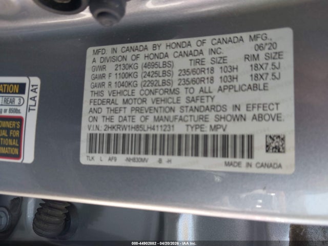 44902882 :رقم المزاد ، 2HKRW1H85LH411231 vin ، 2020 Honda Cr-v 2wd Ex-l مزاد بيع