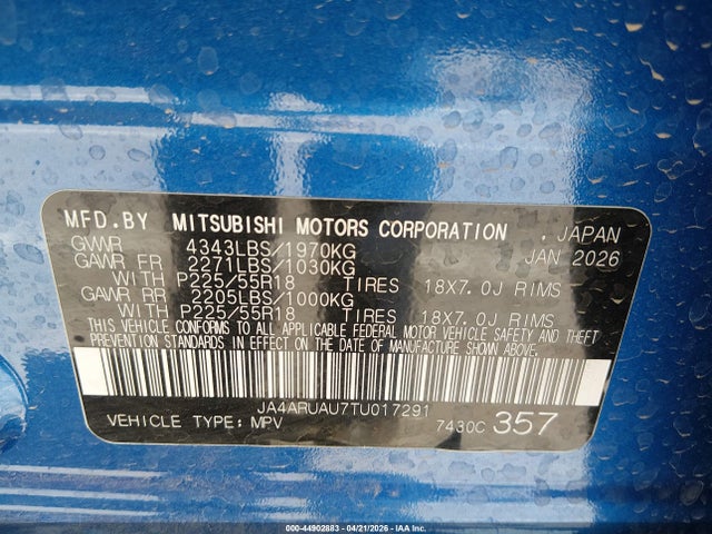 44902883 :رقم المزاد ، JA4ARUAU7TU017291 vin ، 2026 Mitsubishi Outlander Sport 2.0 Es/2.0 Le/2.0 Ralliart/2.0 S/2.0 Se/2.0 Trail Edition مزاد بيع