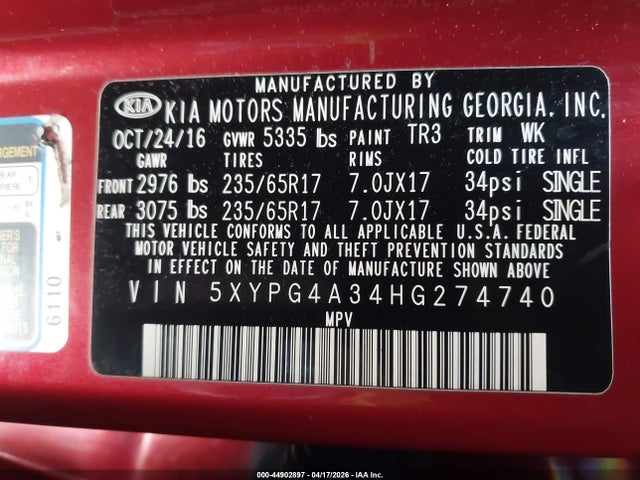 5XYPG4A34HG274740 KIA Sorento 2.4l Lx
