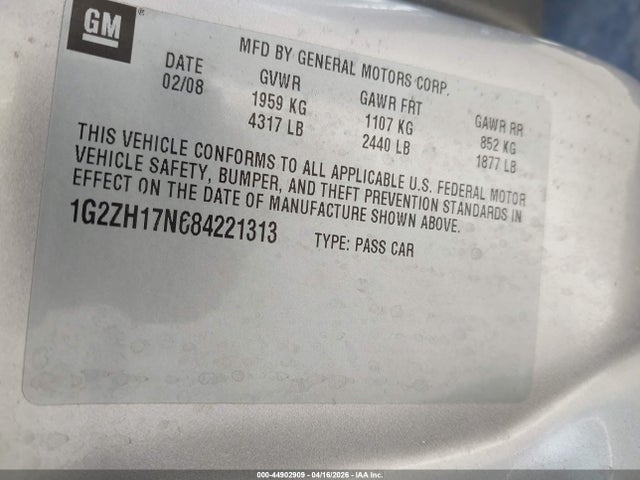Aukcja sprzedaży 2008 Pontiac G6 Gt, vin: 1G2ZH17N684221313, numer aukcji: 44902909