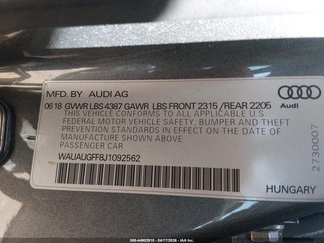 2018 Audi A3 მანქანა იყიდება აუქციონზე, vin: WAUAUGFF8J1092562, აუქციონის ნომერი: 44902910