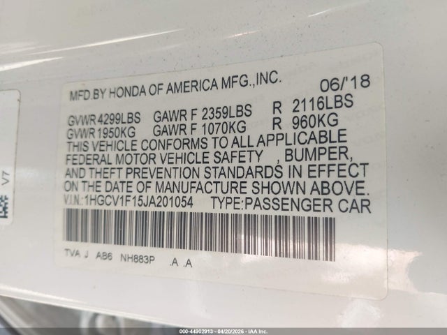 2018 Honda Accord Lx მანქანა იყიდება აუქციონზე, vin: 1HGCV1F15JA201054, აუქციონის ნომერი: 44902913