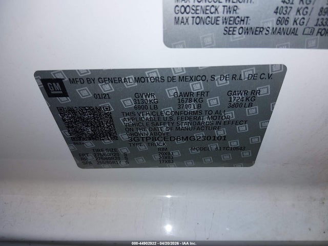 Продаж на аукціоні авто 2021 Gmc Sierra 1500 2wd  Short Box Elevation, vin: 3GTP8CED6MG230101, номер лоту: 44902922