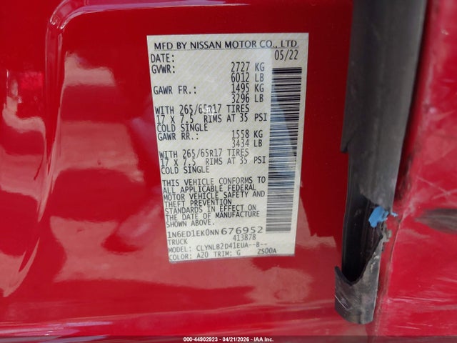 44902923 :رقم المزاد ، 1N6ED1EK0NN676952 vin ، 2022 Nissan Frontier Sv 4x4 مزاد بيع