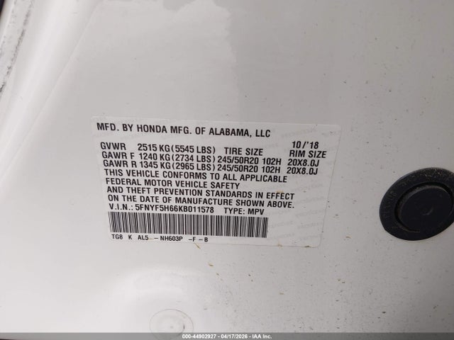 44902927 :رقم المزاد ، 5FNYF5H66KB011578 vin ، 2019 Honda Pilot Touring مزاد بيع