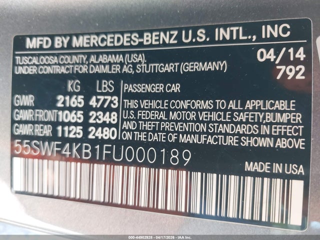 44902928 :رقم المزاد ، 55SWF4KB1FU000189 vin ، 2015 Mercedes-benz C 300 Luxury 4matic مزاد بيع