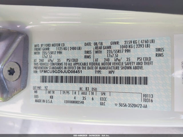 1FMCU9GD9JUD08451 Ford ESCAPE SE