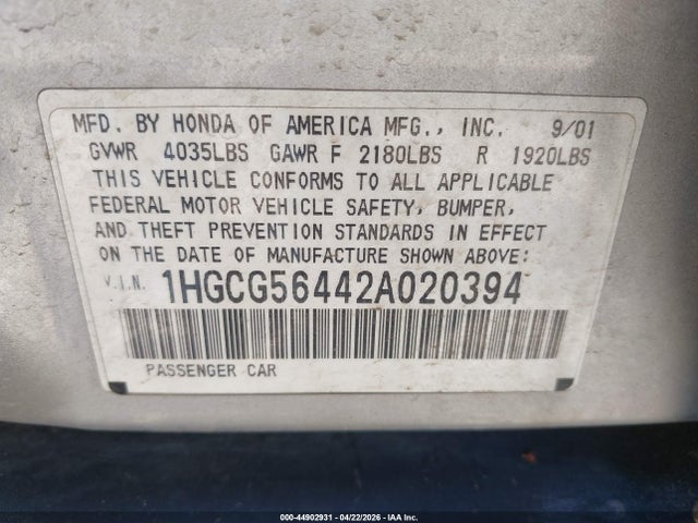 2002 Honda Accord 2.3 Lx მანქანა იყიდება აუქციონზე, vin: 1HGCG56442A020394, აუქციონის ნომერი: 44902931
