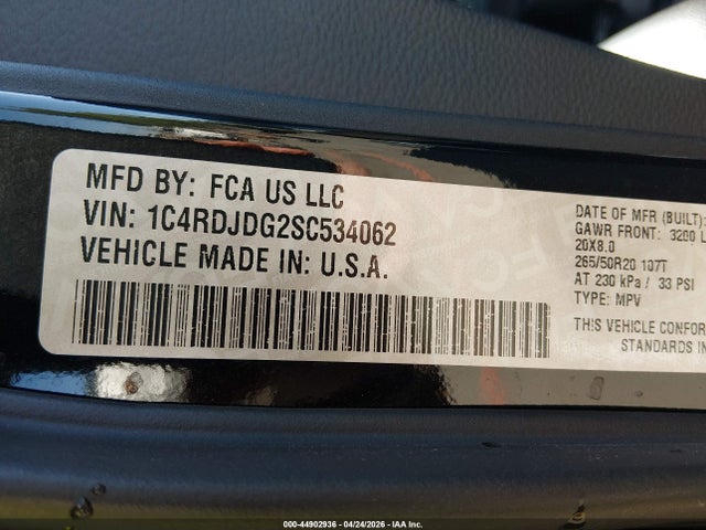 Продажа на аукционе авто 2025 Dodge Durango Gt Awd, vin: 1C4RDJDG2SC534062, номер лота: 44902936