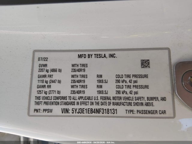 Продаж на аукціоні авто 2022 Tesla Model 3 Long Range Dual Motor All-wheel Drive, vin: 5YJ3E1EB4NF318131, номер лоту: 44902938