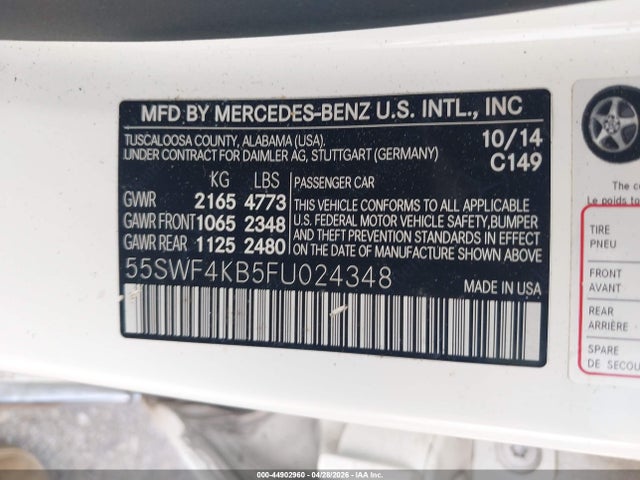2015 Mercedes-benz C 300 4matic მანქანა იყიდება აუქციონზე, vin: 55SWF4KB5FU024348, აუქციონის ნომერი: 44902960
