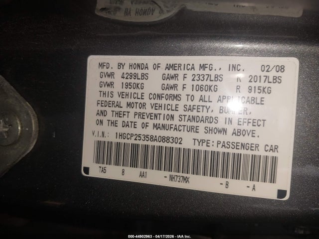 2008 Honda Accord 2.4 Lx მანქანა იყიდება აუქციონზე, vin: 1HGCP25358A088302, აუქციონის ნომერი: 44902963
