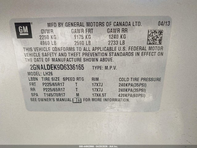 Продажа на аукционе авто 2013 Chevrolet Equinox 1lt, vin: 2GNALDEK9D6336165, номер лота: 44902966