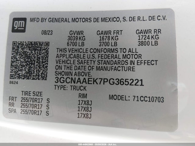 Продаж на аукціоні авто 2023 Chevrolet Silverado 1500 2wd  Standard Bed Wt, vin: 3GCNAAEK7PG365221, номер лоту: 44902968