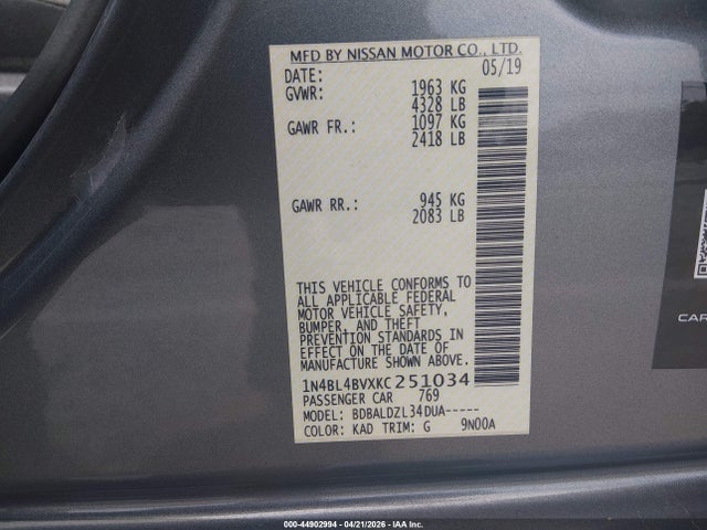 44902994 :رقم المزاد ، 1N4BL4BVXKC251034 vin ، 2019 Nissan Altima 2.5 S مزاد بيع
