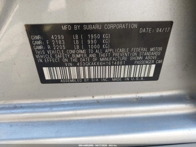 44902998 :رقم المزاد ، 4S3GKAK66H1614881 vin ، 2017 Subaru Impreza 2.0i Sport مزاد بيع