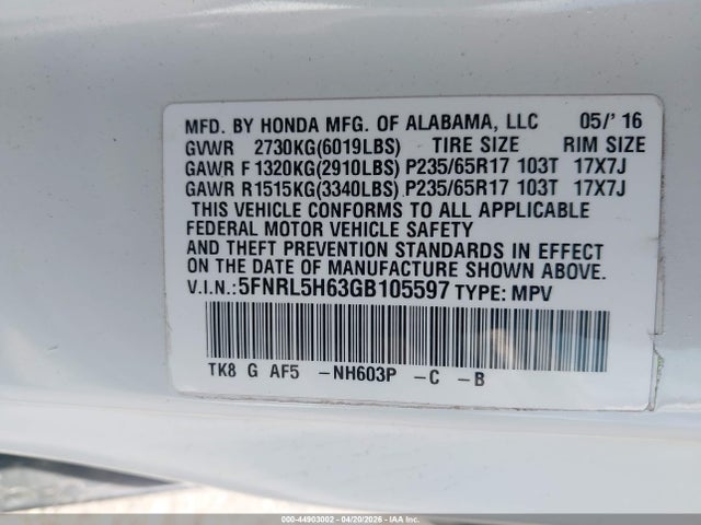 Auction sale of the 2016 Honda Odyssey Ex-l, vin: 5FNRL5H63GB105597, lot number: 44903002
