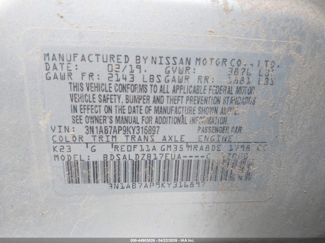 2019 Nissan Sentra Sv მანქანა იყიდება აუქციონზე, vin: 3N1AB7AP9KY316897, აუქციონის ნომერი: 44903026