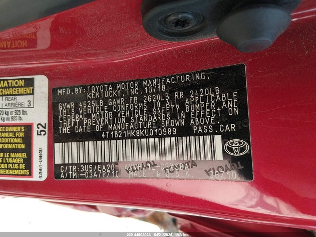 Aukcja sprzedaży 2019 Toyota Camry Hybrid Se, vin: 4T1B21HK8KU010989, numer aukcji: 44903033