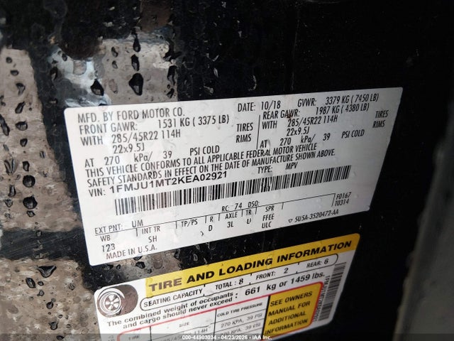 2019 Ford Expedition Platinum მანქანა იყიდება აუქციონზე, vin: 1FMJU1MT2KEA02921, აუქციონის ნომერი: 44903034