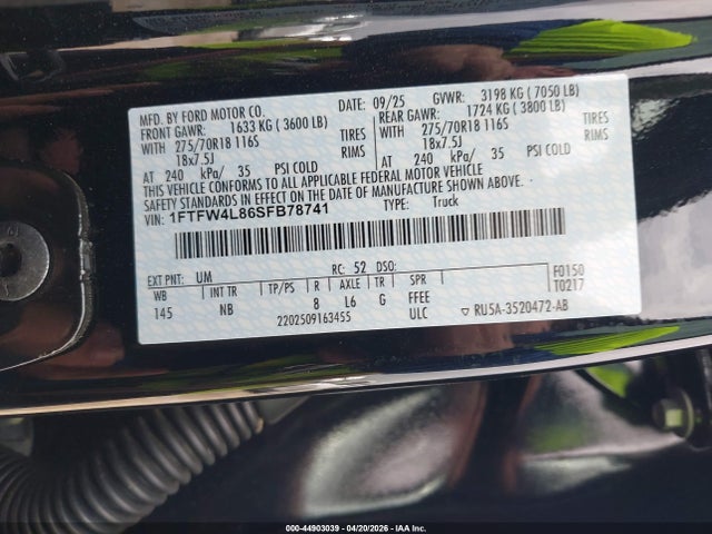 Продаж на аукціоні авто 2025 Ford F-150 Tremor, vin: 1FTFW4L86SFB78741, номер лоту: 44903039