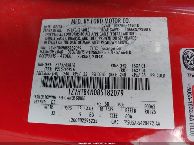 Продажа на аукционе авто 2008 Ford Mustang V6 Deluxe/v6 Premium, vin: 1ZVHT84N085182079, номер лота: 44903042