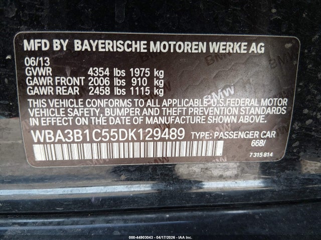 2013 Bmw 320i მანქანა იყიდება აუქციონზე, vin: WBA3B1C55DK129489, აუქციონის ნომერი: 44903043
