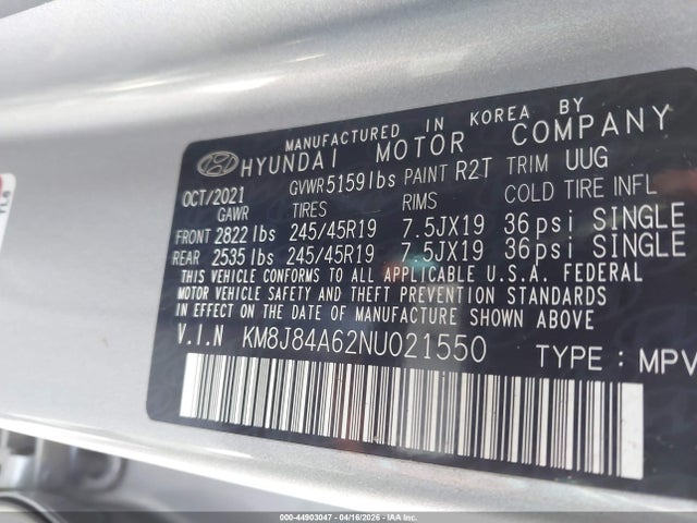44903047 :رقم المزاد ، KM8J84A62NU021550 vin ، 2022 Hyundai Nexo Limited مزاد بيع