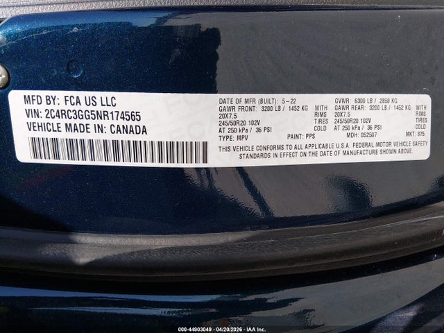 2022 Chrysler Pacifica Limited Awd მანქანა იყიდება აუქციონზე, vin: 2C4RC3GG5NR174565, აუქციონის ნომერი: 44903049