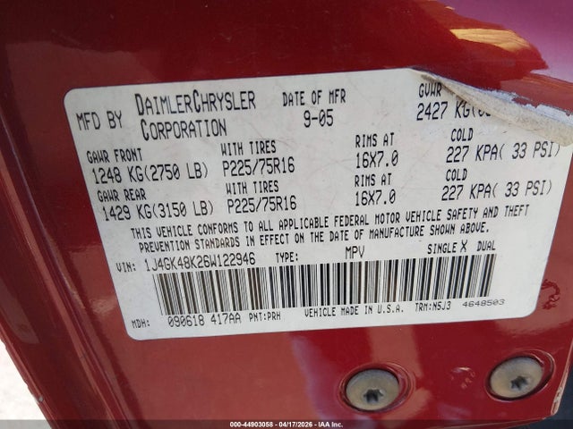 Продажа на аукционе авто 2006 Jeep Liberty Sport, vin: 1J4GK48K26W122946, номер лота: 44903058