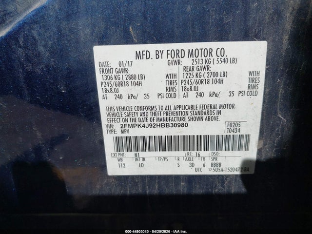 44903080 :رقم المزاد ، 2FMPK4J92HBB30980 vin ، 2017 Ford Edge Sel مزاد بيع