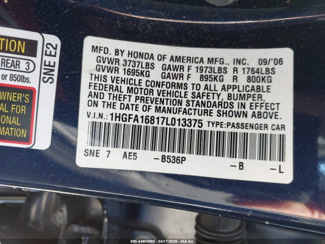 2007 Honda Civic Ex მანქანა იყიდება აუქციონზე, vin: 1HGFA16817L013375, აუქციონის ნომერი: 44903085