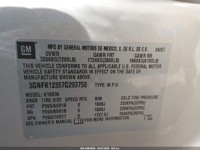 44903086 :رقم المزاد ، 3GNFK12357G293750 vin ، 2007 Chevrolet Avalanche 1500 Lt مزاد بيع