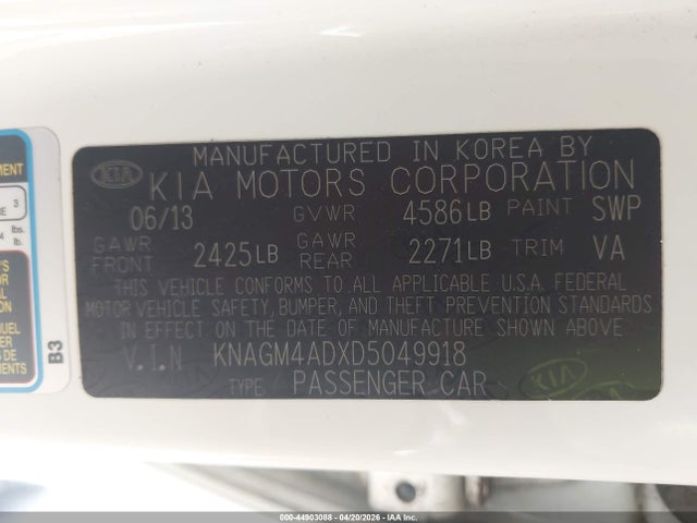 Продажа на аукционе авто 2013 Kia Optima Hybrid Lx, vin: KNAGM4ADXD5049918, номер лота: 44903088
