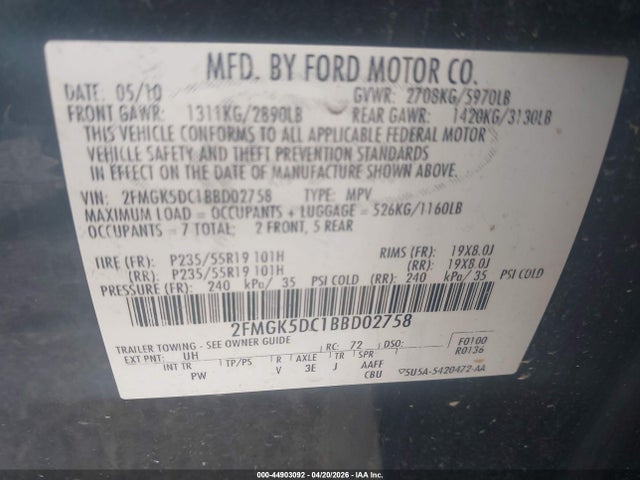 Aukcja sprzedaży 2011 Ford Flex Limited, vin: 2FMGK5DC1BBD02758, numer aukcji: 44903092